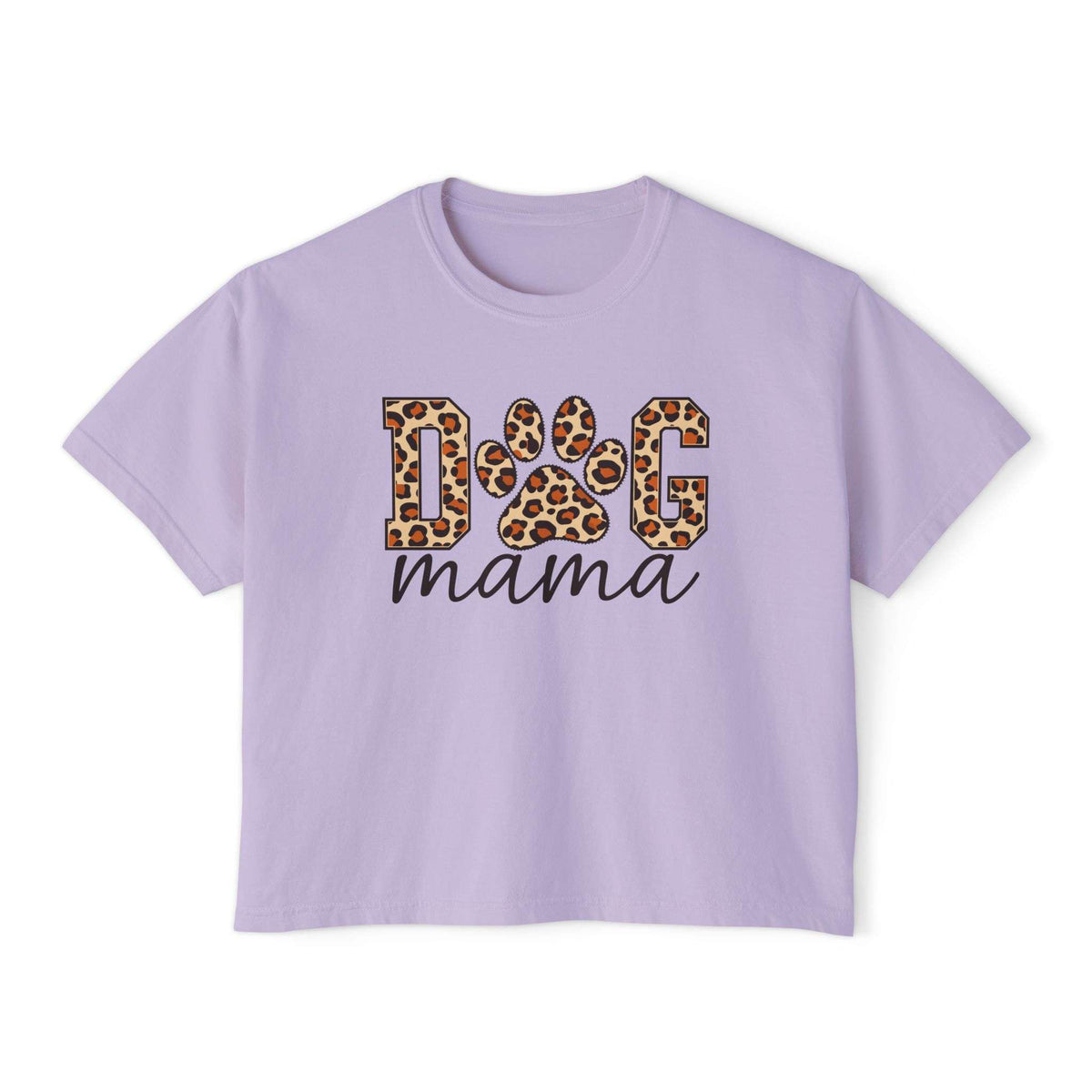 A light purple short-sleeve t-shirt with a graphic on the front that reads 'DOG mama'. The letters 'DOG' are filled with a leopard print pattern, and 'mama' is written below in black cursive. Dog Mama Leopard Paw Print Women's Boxy T-Shirt Casual Wear Add playful pet-parent style to your wardrobe with the Dog Mama Leopard Paw Print Women's Boxy T-Shirt Casual Wear and its eye-catching design. Celebrate your favorite furry friend with the Dog Mama Leopard Paw Print Women's Boxy T-Shirt for Sale Online