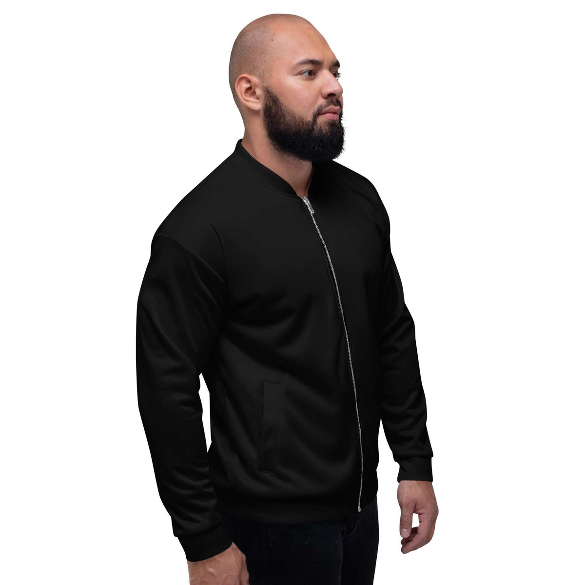 Man wearing a black jacket on a white background Classic Essential Minimalist Solid Black Unisex Bomber Jacket