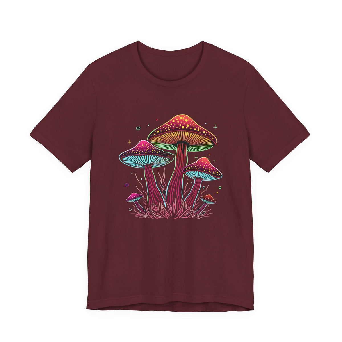 A maroon short-sleeve crewneck t-shirt featuring a colorful graphic of glowing mushrooms in pink, purple, and blue on the front, displayed against a solid white background. Colorful Psychedelic Mushroom Neon Fantasy Fungi T-Shirt Casual Wear