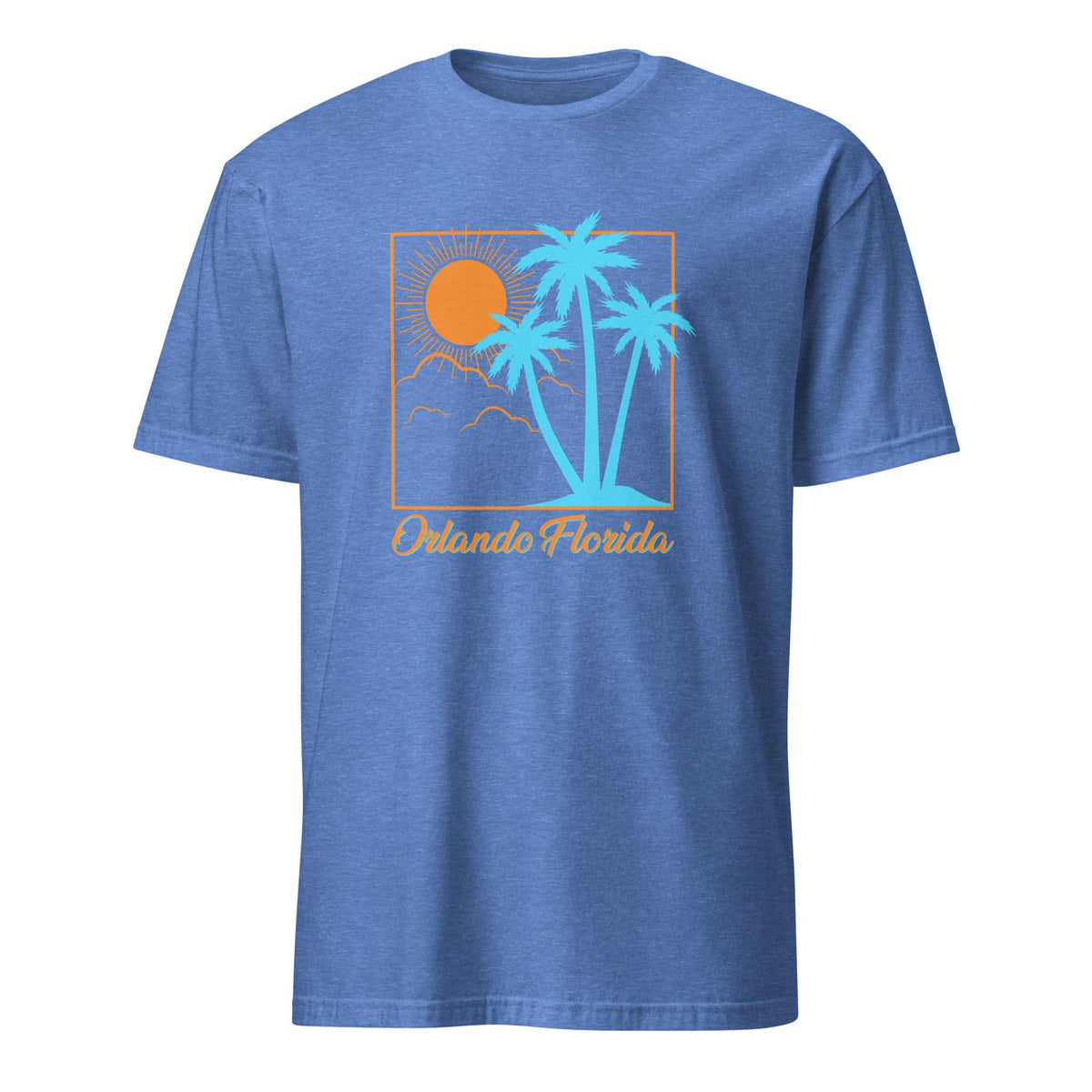 A heather blue short-sleeve crewneck t-shirt featuring a retro-style graphic of palm trees, a sun, and the text 'Orlando Florida' on the chest. Comfortable Bold Orlando Florida Summer Sun Beach Graphic T-Shirt Casual Wear