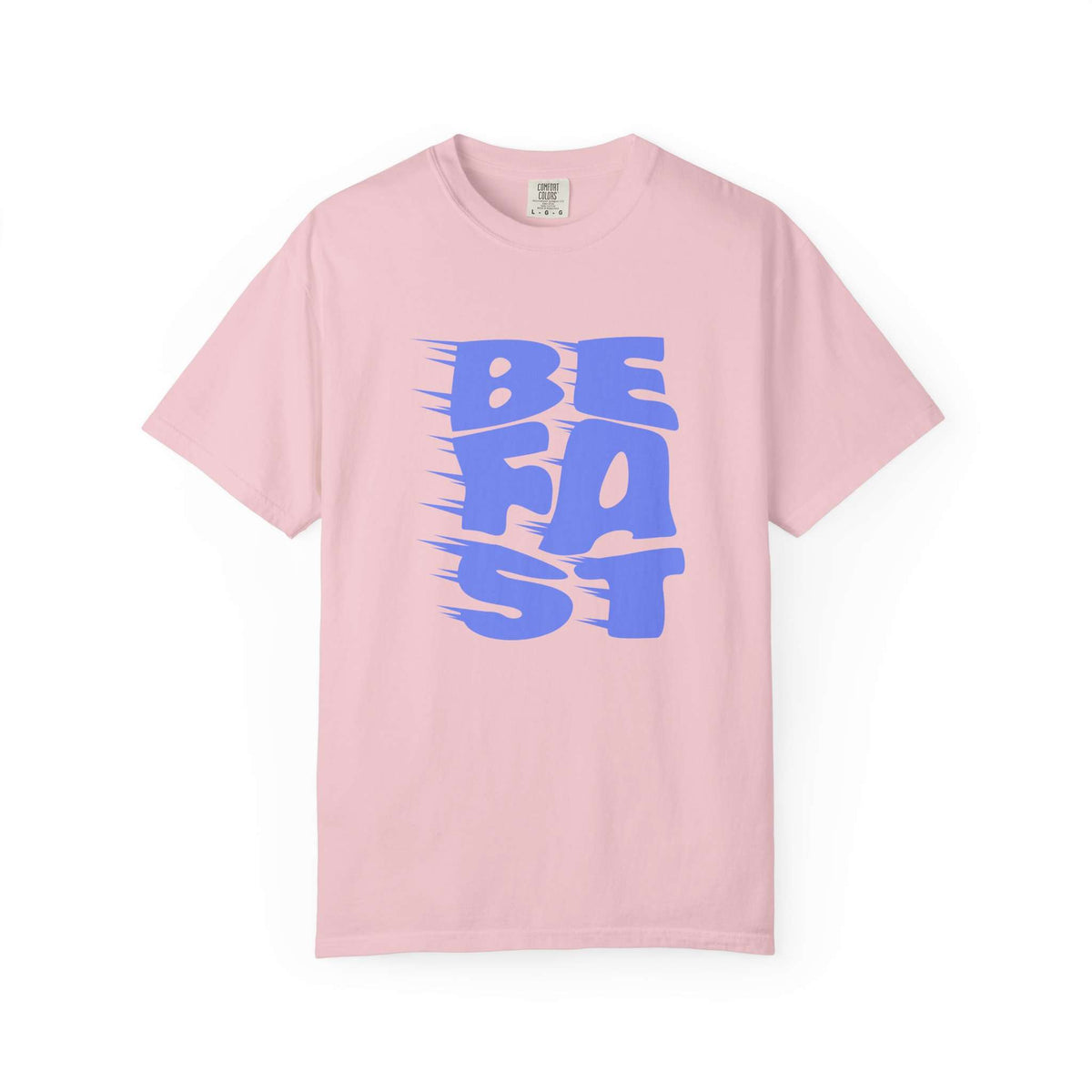 A light pink short-sleeve crewneck t-shirt featuring a bold blue graphic on the front that reads 'BE FAST' in a stylized, brush-stroke font, displayed against a clean white background. Comfortable Grunge Bold Be Fast Typography Lettering Graphic T-Shirt for Casual Wear