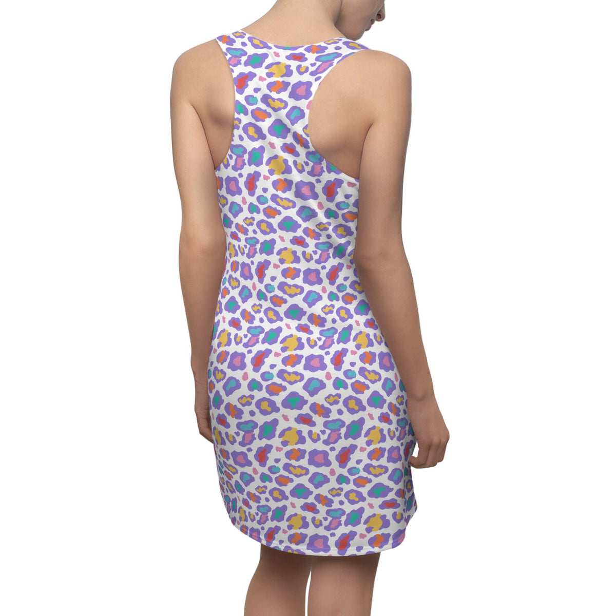 A woman shown from the back wearing a sleeveless pink dress with an allover teal polka dot pattern, set against a plain white background. Comfortable Pastel Bold Rainbow Leopard Print Women's Racerback Dress for Casual Wear