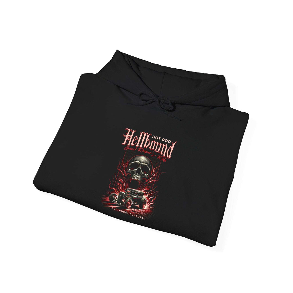 Edgy Gothic Pullover Hoodie with Hot Rod Skull Hellbound Graphic Design