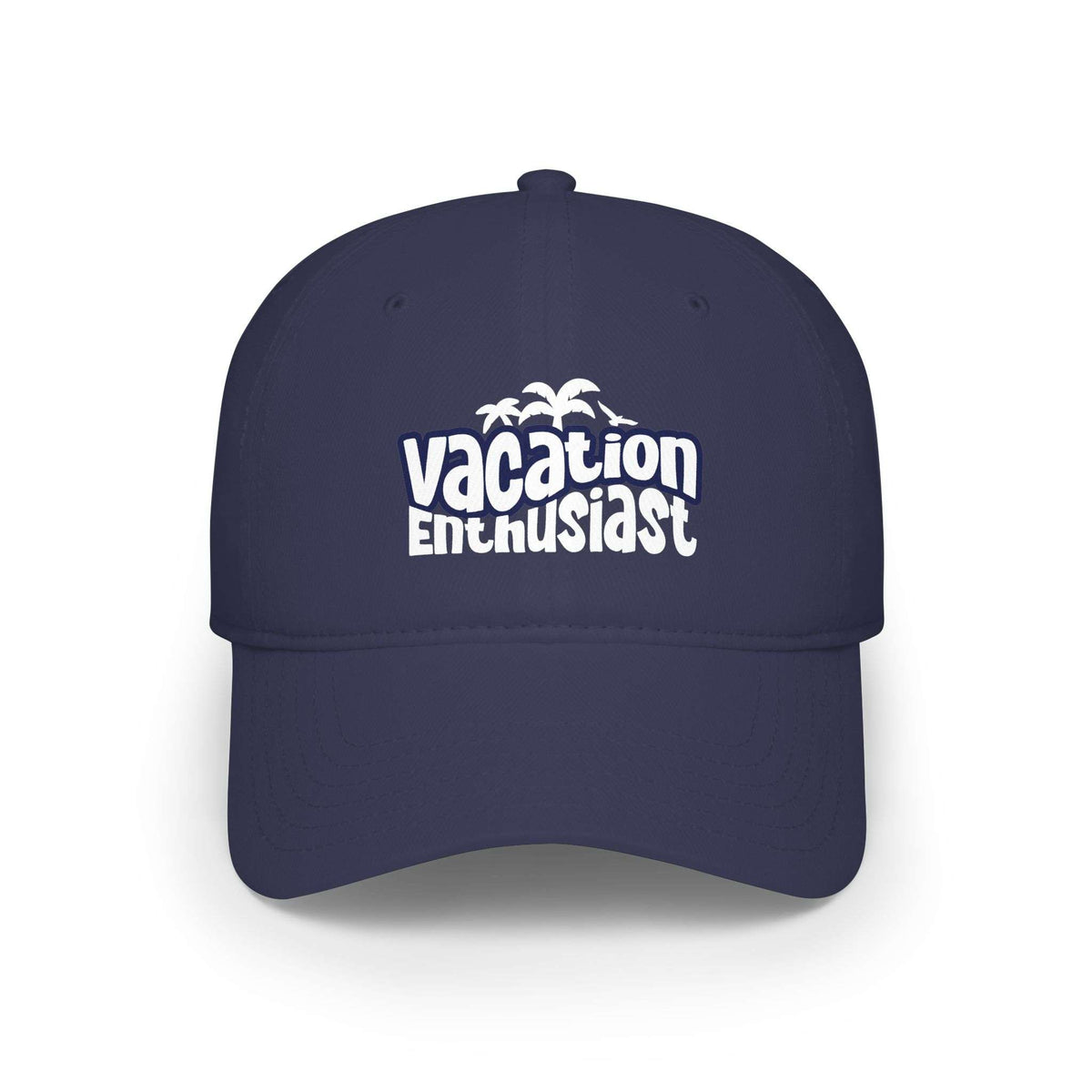 A navy blue baseball cap with a white embroidered graphic on the front that reads 'Vacation Enthusiast' with small palm tree silhouettes above, shown on a clean white background. Fashionable Vacation Enthusiast Bold Typography Baseball Cap for Casual Wear