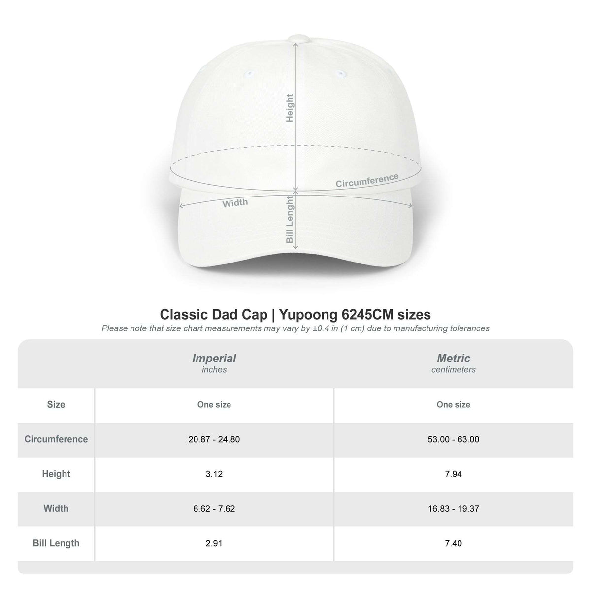 White cap with measurement chart on a white background High-Quality California Typography Embroidered Classic Dad Cap