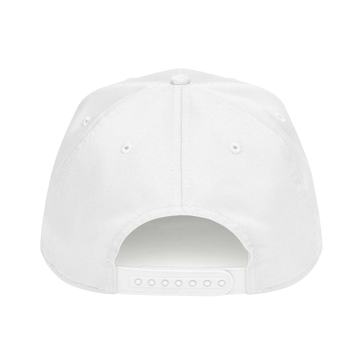 The back view of a plain white snapback cap on a solid white background. Minimalist Futuristic Y2k Streetwear Typography Baseball Cap