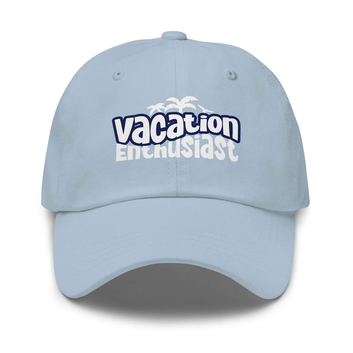 A light blue baseball cap with 'vacation Enthusiast' and a palm tree graphic printed on the front, shown against a plain white background. Modern Vacation Enthusiast Bold Graphic Classic Dad Cap for Casual Wear