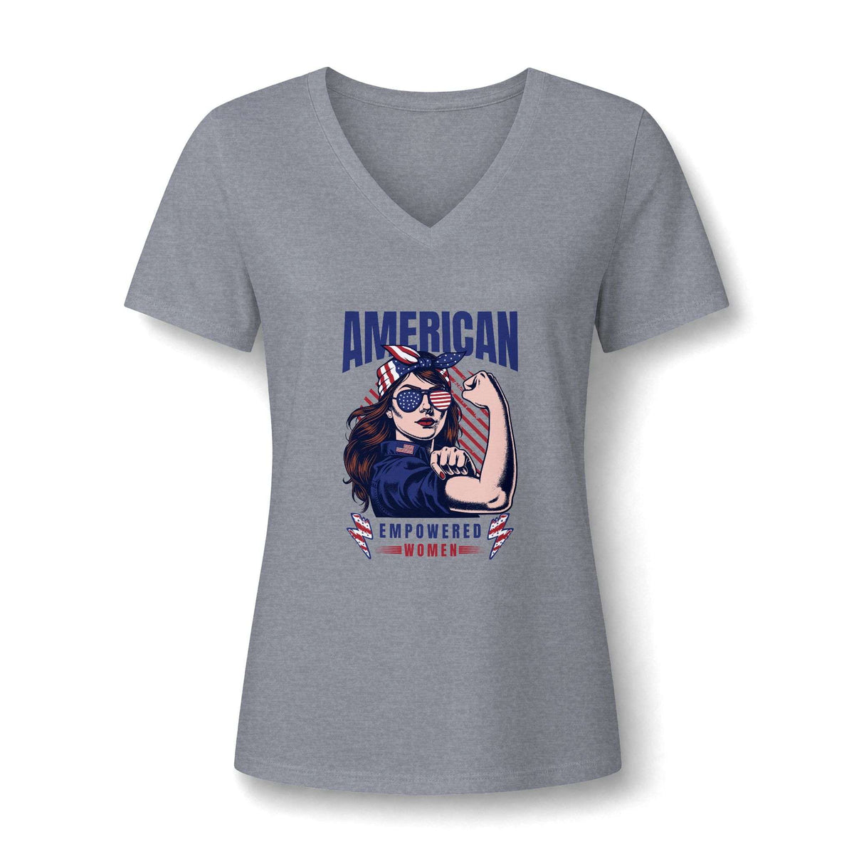 A heather gray women's V-neck t-shirt featuring a 'Remember the Women' graphic on the front with patriotic red, white, and blue colors.