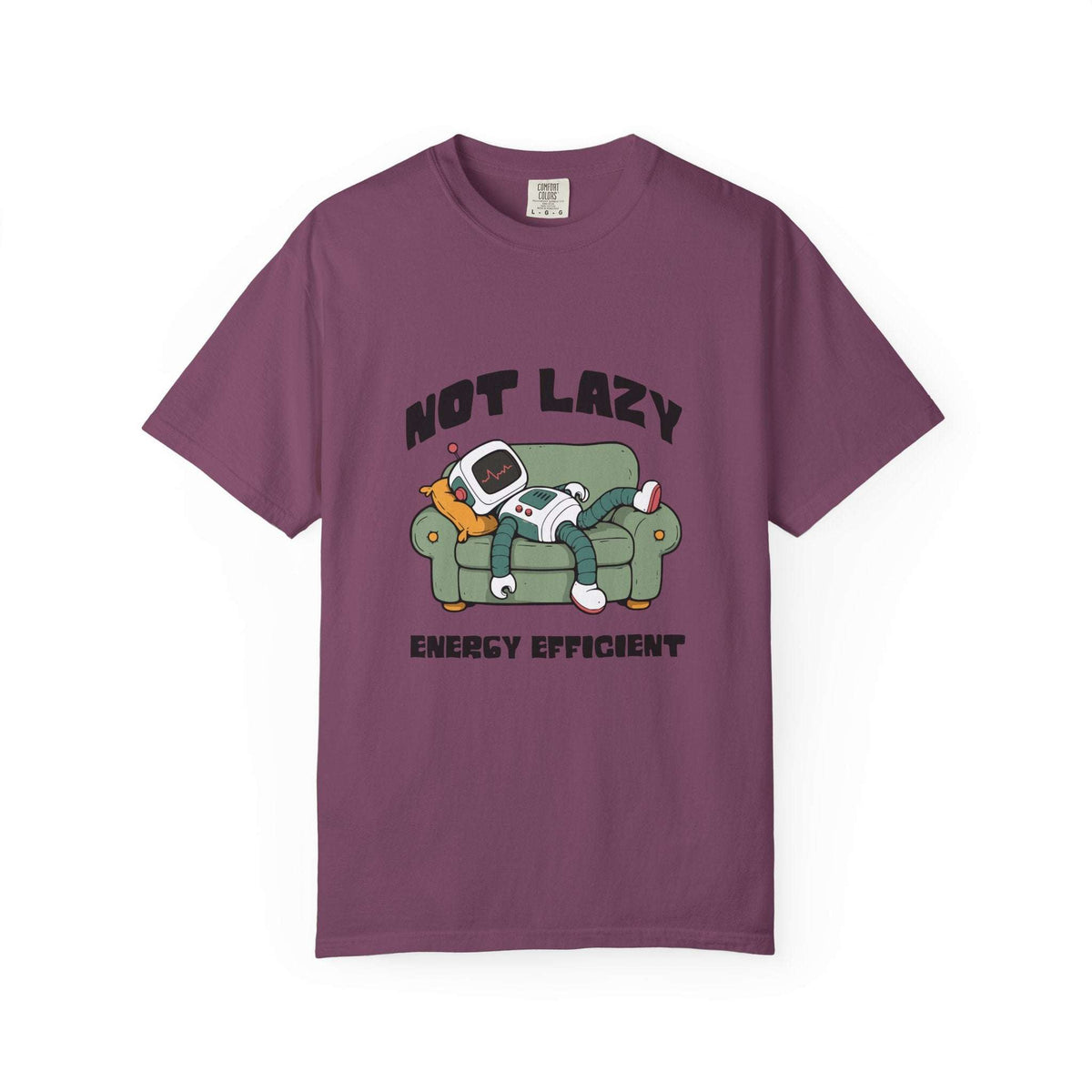 A purple short-sleeve crewneck t-shirt featuring a cartoon graphic of a cat lounging on a green couch with a retro TV, with the text 'NOT LAZY ENERGY EFFICIENT' printed on the front. Trendy Not Lazy, Energy Efficient, Robot Lounge Sarcasm T-Shirt for Casual Wear