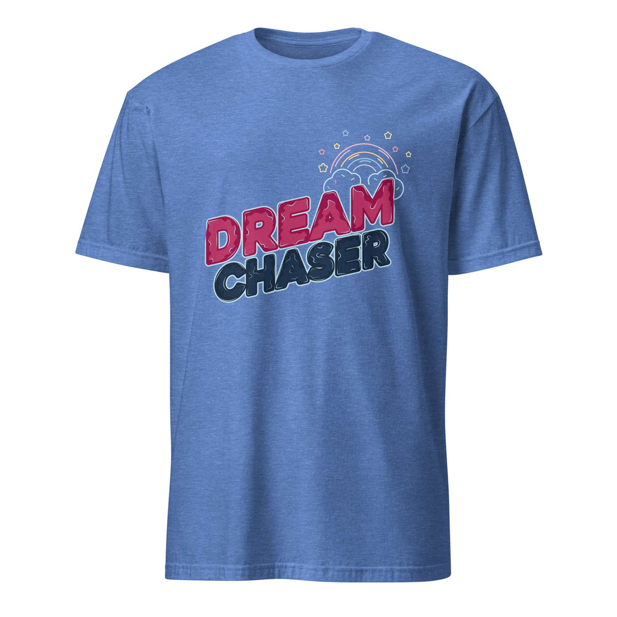 A heather blue short-sleeve t-shirt with a graphic on the chest that reads 'DREAM CHASER' in pink and dark blue lettering, with a small rainbow and star illustration above, shown on a plain white background. Minimal Dream Chaser Lettering Graphic T-Shirt Casual Wear Shop Minimal Dream Chaser Lettering Graphic T-Shirt Casual Wear for a clean, motivational look that pairs easily with your favorite outfits.