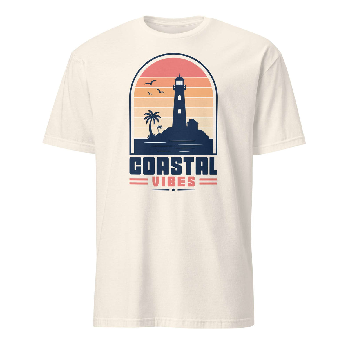An off-white short-sleeve t-shirt with a retro coastal graphic on the chest. The graphic features a lighthouse, palm tree, birds, and the text 'COASTAL VIBES' in navy blue and coral pink, set against a sunset gradient background. Shop Nautical Lighthouse Sunset Coastal Graphic T-Shirt Casual Wear, featuring a vivid seaside design for beach lovers, sailors and sunset chasers. Add coastal charm to your wardrobe with the Nautical Lighthouse Sunset Coastal Graphic T-Shirt.