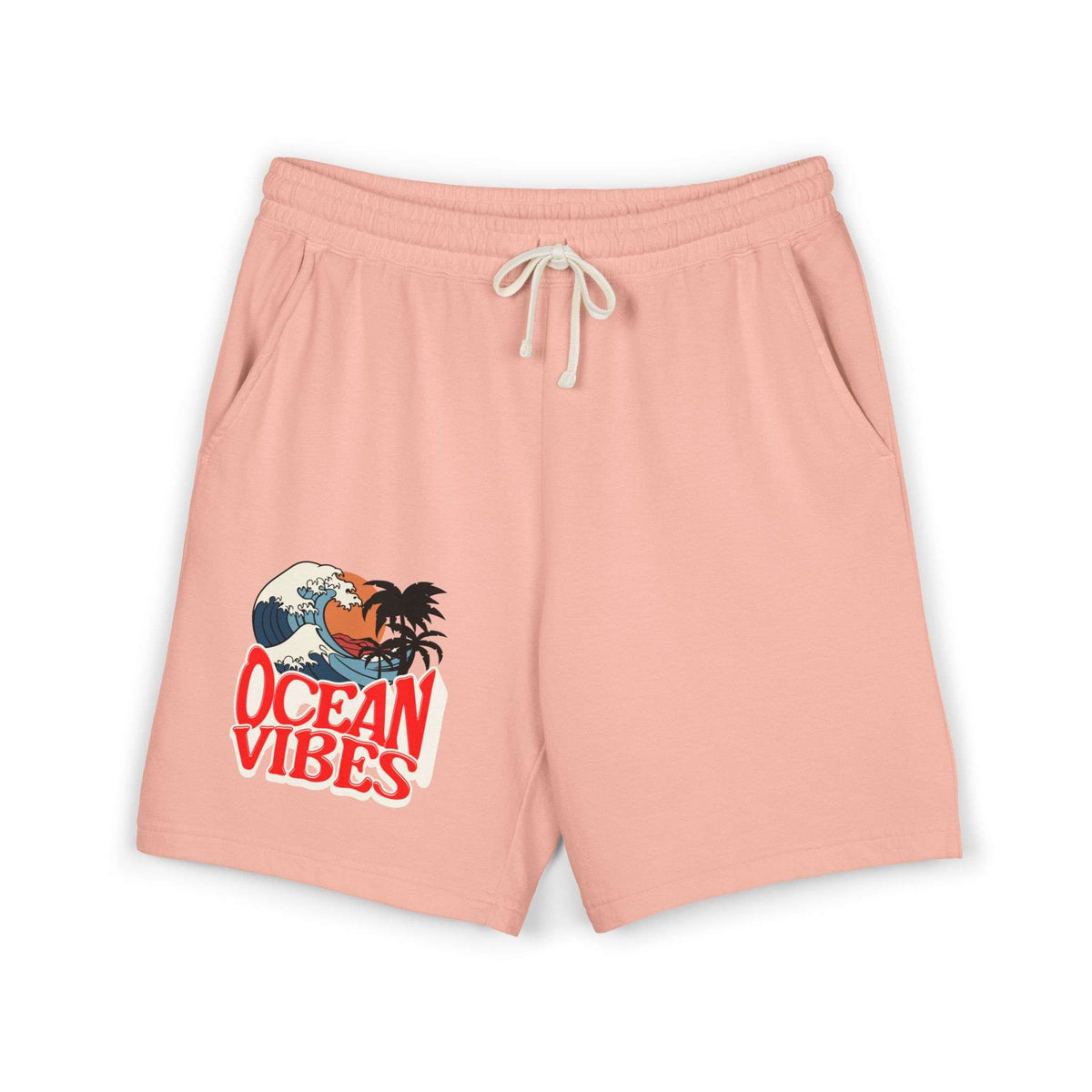 Light pink drawstring shorts with a graphic print of a Hawaiian wave and the words 'OCEAN VIBES' on the left leg, displayed on a clean white background. Unique Lightweight Fleece Sweat Shorts in Ocean Vibes Graphic Shop Lightweight Fleece Sweat Shorts in Ocean Vibes for breezy comfort, relaxed style, and an easygoing summer-ready look all day. Refresh your casual rotation with Lightweight Fleece Sweat Shorts in Ocean Vibes—soft, versatile, and ready for sunny days by the shore.