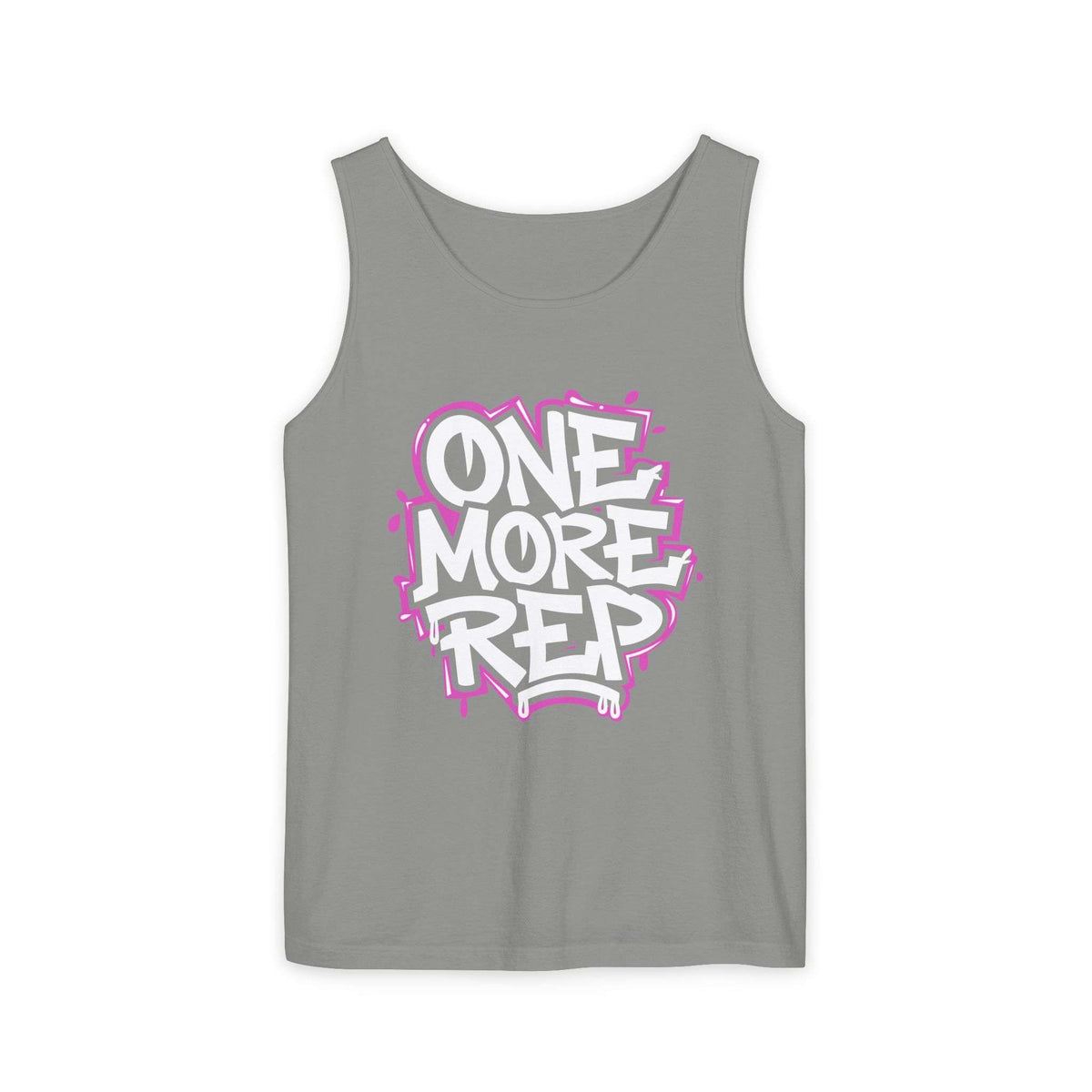A gray sleeveless tank top with a graphic on the front that reads 'ONE MORE REP' in white bubble letters outlined in pink, shown on a plain white background. Best Fitness Motivational Graffiti Typography Tank Top Casual Wear Shop the Fitness Motivational Graffiti Typography Tank Top for bold workout style, breathable comfort, and everyday gym inspiration. Elevate every session with the Fitness Motivational Graffiti Typography Tank Top, featuring energetic street-art style and active comfort.