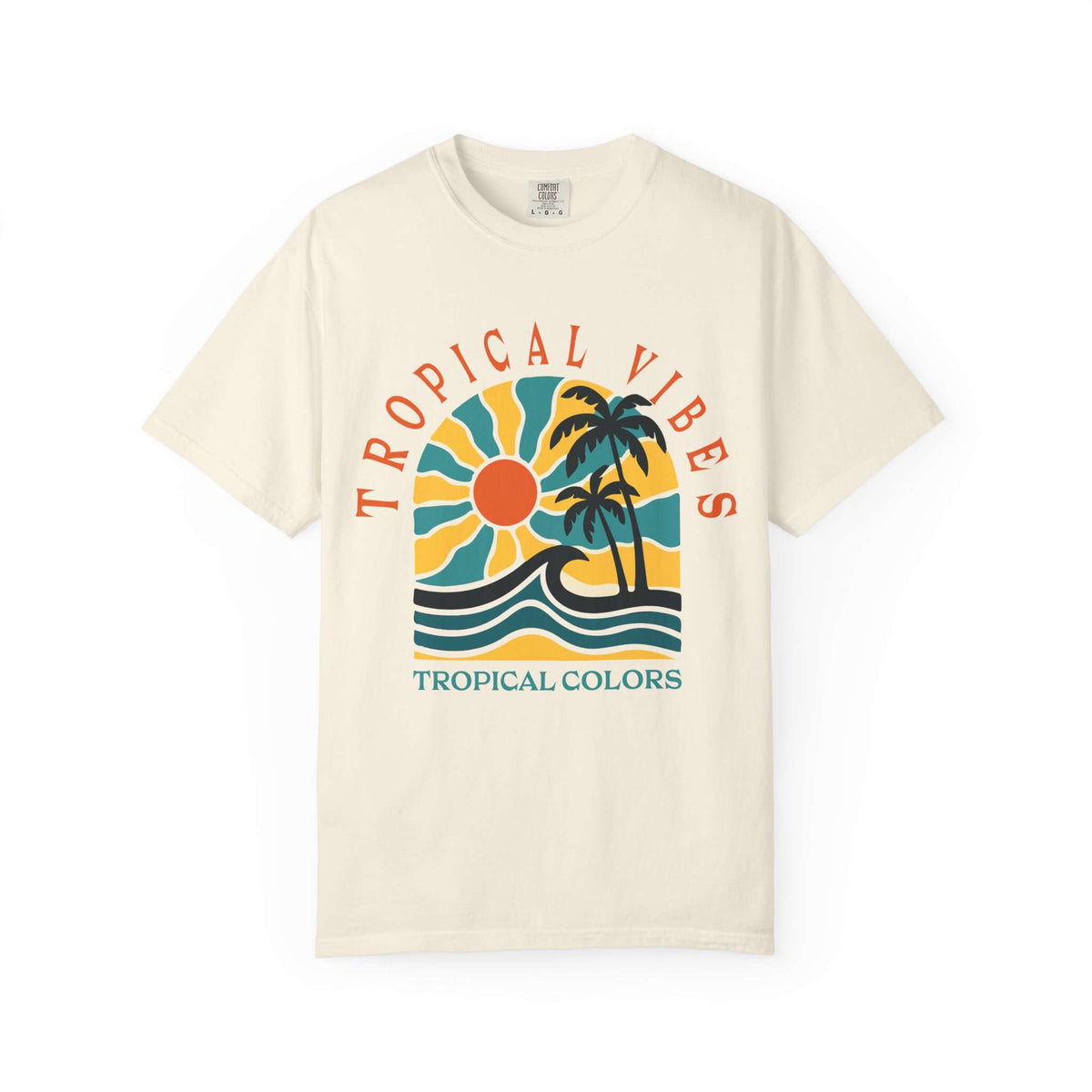 An off-white short-sleeve t-shirt with a retro tropical graphic on the chest. The graphic features a yellow and orange sun, blue waves, and two black palm trees, with the text 'TROPICAL VIBES' arched above and 'TROPICAL COLORS' printed below. Tropical Vibes Summer Graphic Print T-Shirt Shop Tropical Vibes Summer Beach Graphic T-Shirt Casual Wear for breezy comfort, bold island-inspired style, and effortless sunny-day looks.