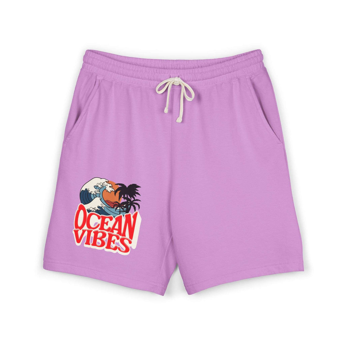 Purple athletic shorts with a white drawstring and a 'Ocean Vibes' graphic on the left leg, displayed on a clean white background.