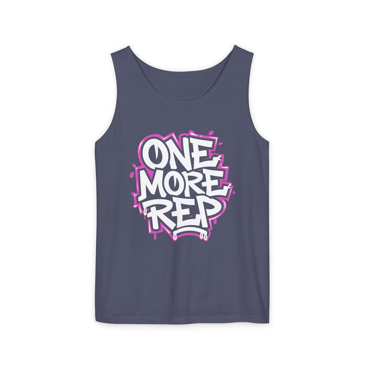 A slate blue tank top featuring a bold graphic on the chest that reads 'ONE MORE REP' in white bubble letters with a pink graffiti-style outline, displayed against a solid white background. Best Fitness Motivational Graffiti Typography Tank Top Casual Wear Shop the Fitness Motivational Graffiti Typography Tank Top for bold workout style, breathable comfort, and everyday gym inspiration.