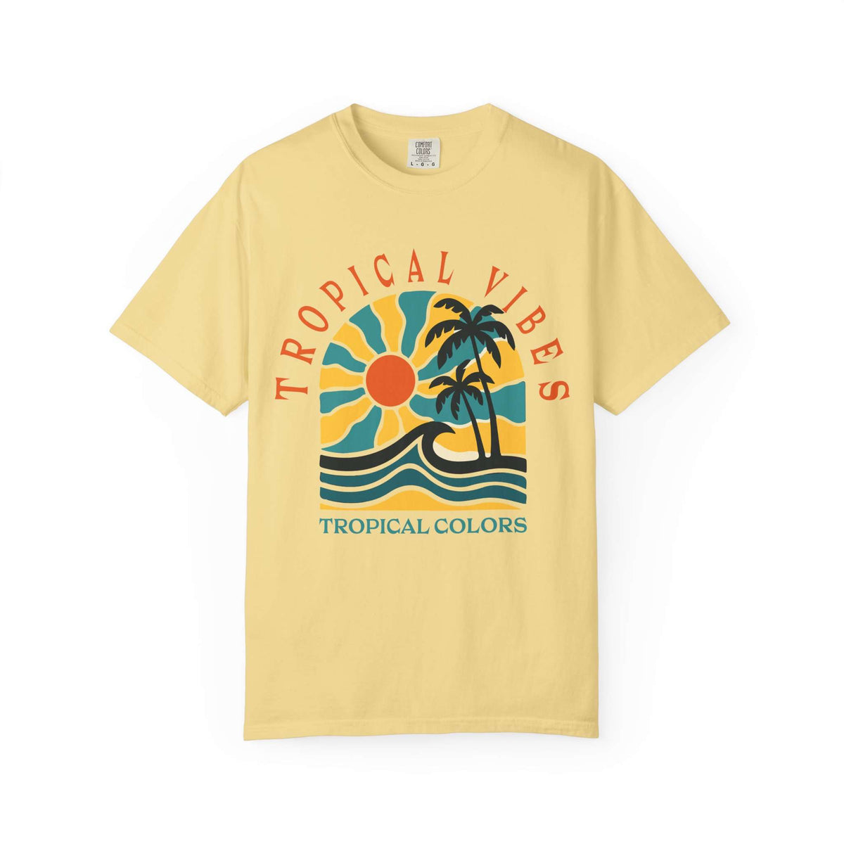 A pale yellow short-sleeve t-shirt with a retro tropical graphic on the chest. The graphic features a yellow and blue sun, two palm trees, and blue waves, with the text 'TROPICAL VIBES' arched above and 'TROPICAL COLORS' printed below. Tropical Vibes Summer Graphic Print T-Shirt Shop Tropical Vibes Summer Beach Graphic T-Shirt Casual Wear for breezy comfort, bold island-inspired style, and effortless sunny-day looks.