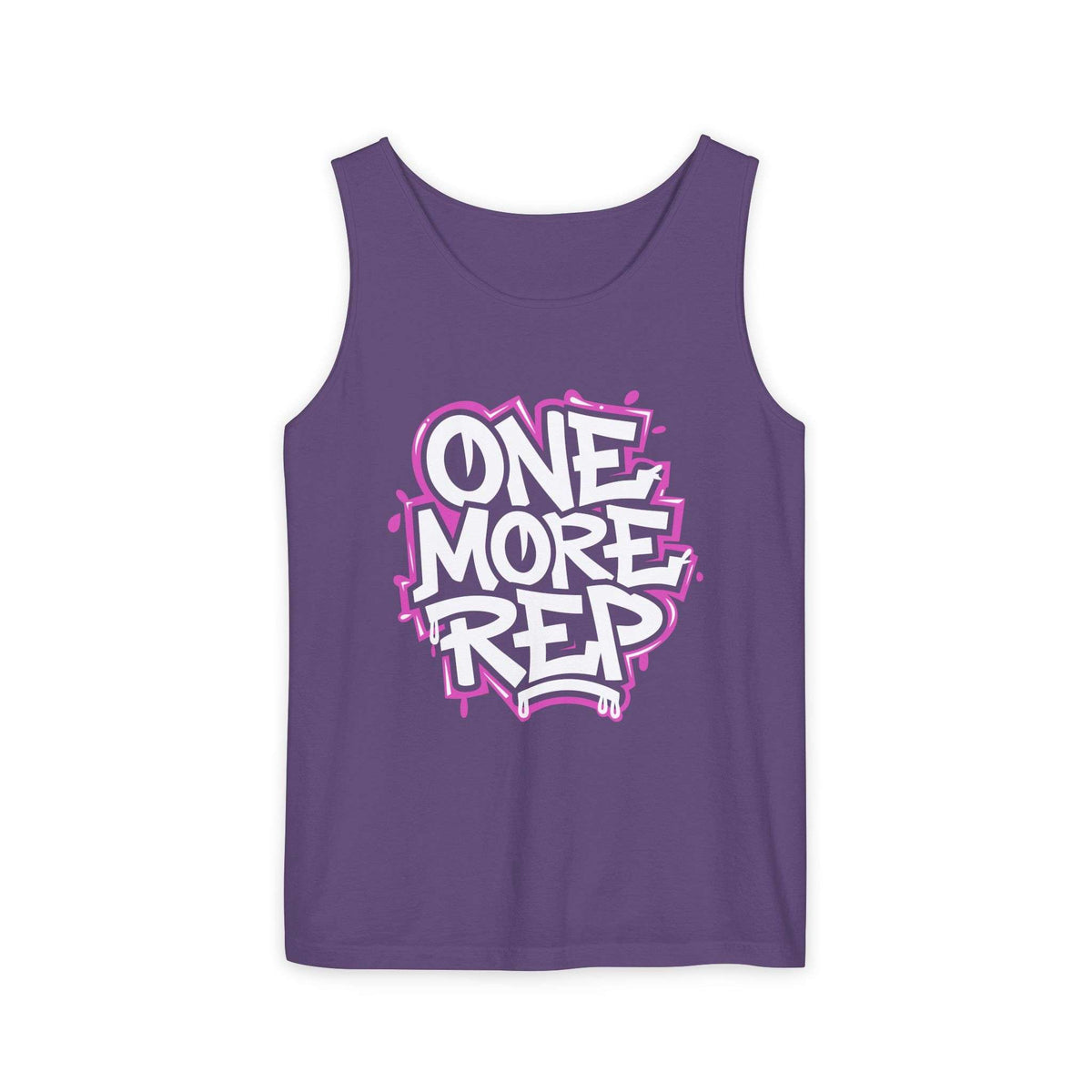 A slate blue tank top featuring a bold graphic on the chest that reads 'ONE MORE REP' in white bubble letters with a pink graffiti-style outline, displayed against a solid white background. Best Fitness Motivational Graffiti Typography Tank Top Casual Wear Shop the Fitness Motivational Graffiti Typography Tank Top for bold workout style, breathable comfort, and everyday gym inspiration.