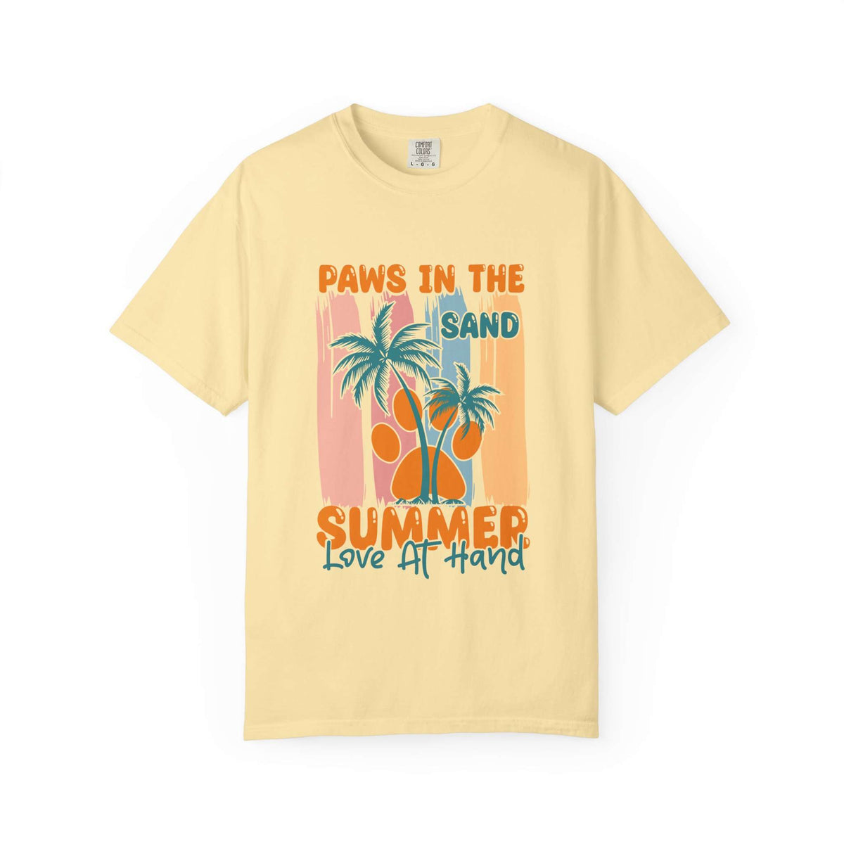 A pale yellow short-sleeve t-shirt with a retro-style graphic on the front featuring palm trees, a large orange paw print, and the text 'PAWS IN THE SAND SUMMER Love IT HAND'. Buy Paws in the Sand: A Summer Love Graphic T-Shirt Casual Wear for Sale Online Shop Paws in the Sand: A Summer Love Graphic T-Shirt Casual Wear for a relaxed, beach-ready look celebrating comfort and style.