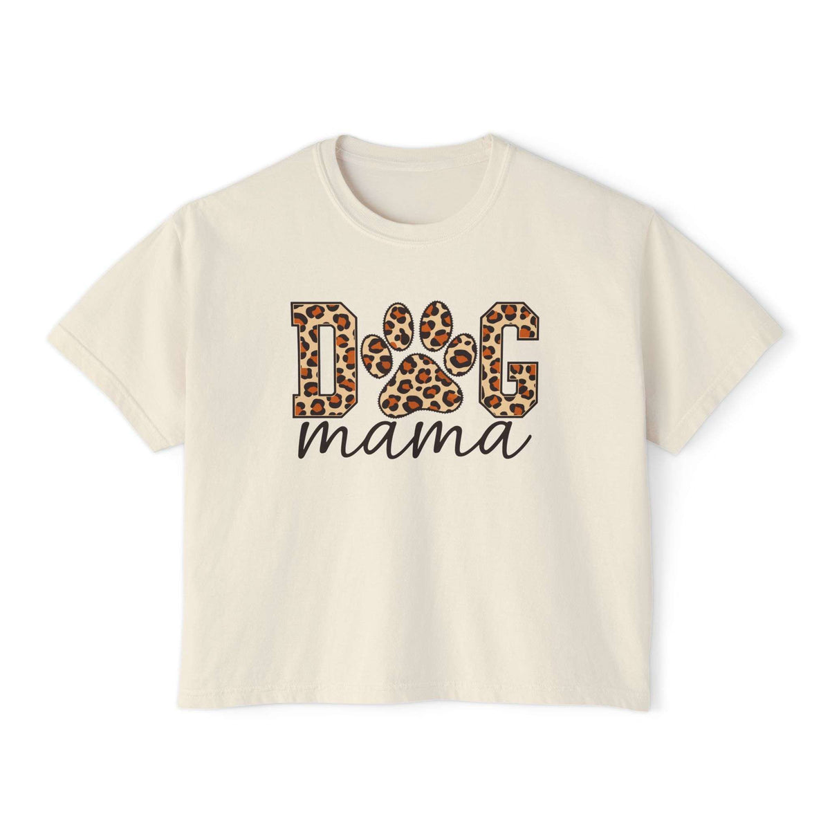 An off-white short-sleeve t-shirt with a graphic on the front that reads 'DOG mama'. The letters 'DOG' are filled with a brown and black leopard print pattern, and 'mama' is written below in black cursive. Dog Mama Leopard Paw Print Women's Boxy T-Shirt Casual Wear Add playful pet-parent style to your wardrobe with the Dog Mama Leopard Paw Print Women's Boxy T-Shirt Casual Wear and its eye-catching design. Celebrate your favorite furry friend with the Dog Mama Leopard Paw Print Women's Boxy T-Shirt for Sale