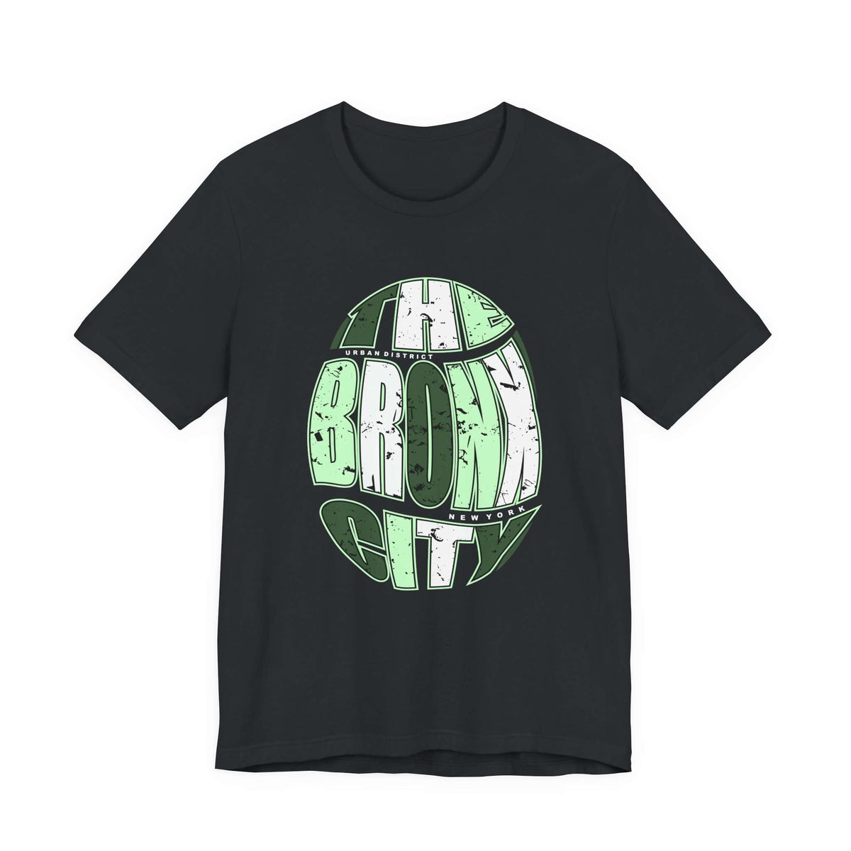 A black short-sleeve crewneck t-shirt featuring a distressed green and white graphic on the front that reads 'THE BRONX CITY'. Vintage NYC Urban Bronx City Graphic T-Shirt Casual Wear Shop Vintage NYC Urban Bronx City Graphic T-Shirt Casual Wear for a laid-back retro look that brings Bronx-inspired energy to any outfit. Elevate your wardrobe with Vintage NYC Urban Bronx City Graphic T-Shirt Casual Wear, blending classic city vibes with effortless comfort.