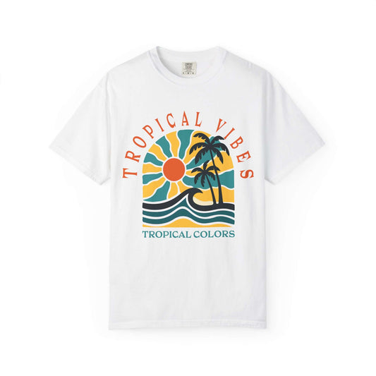 A white short-sleeve crewneck t-shirt featuring a retro-style tropical graphic on the chest with a sun, palm trees, waves, and the text 'TROPICAL VIBES' and 'TROPICAL COLORS'. Tropical Vibes Summer Graphic Print T-Shirt Shop Tropical Vibes Summer Beach Graphic T-Shirt Casual Wear for breezy comfort, bold island-inspired style, and effortless sunny-day looks.