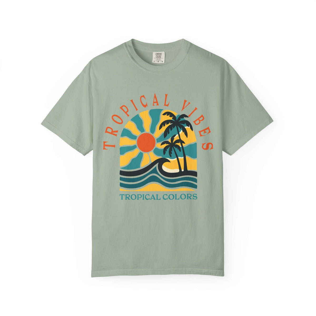 A sage green short-sleeve t-shirt with a retro tropical graphic on the chest featuring a sun, palm trees, waves, and the text 'TROPICAL VIBES' and 'TROPICAL COLORS'. Tropical Vibes Summer Graphic Print T-Shirt Shop Tropical Vibes Summer Beach Graphic T-Shirt Casual Wear for breezy comfort, bold island-inspired style, and effortless sunny-day looks.