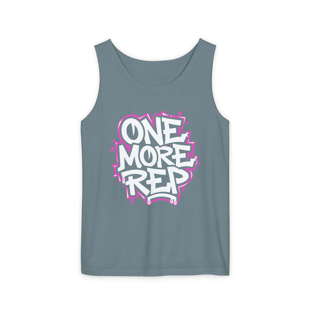 A slate blue tank top featuring a bold graphic on the chest that reads 'ONE MORE REP' in white bubble letters with a pink graffiti-style outline, displayed against a solid white background. Best Fitness Motivational Graffiti Typography Tank Top Casual Wear Shop the Fitness Motivational Graffiti Typography Tank Top for bold workout style, breathable comfort, and everyday gym inspiration.