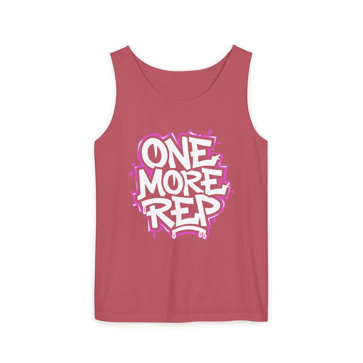 A slate blue tank top featuring a bold graphic on the chest that reads 'ONE MORE REP' in white bubble letters with a pink graffiti-style outline, displayed against a solid white background. Best Fitness Motivational Graffiti Typography Tank Top Casual Wear Shop the Fitness Motivational Graffiti Typography Tank Top for bold workout style, breathable comfort, and everyday gym inspiration.