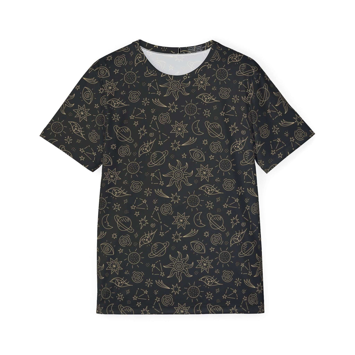 A short-sleeve crewneck t-shirt with an all-over celestial print of gold line-art icons like suns, planets, stars, and moons on a black background, shown flat against a white background. Cosmic Space Celestial Pattern Men's Sports Jersey Active Wear Shop the Cosmic Space Celestial Pattern Men's Sports Jersey for an eye-catching galaxy look, athletic comfort, and everyday versatility. Stand out on and off the field with the Cosmic Space Celestial Pattern Men's Sports Jersey—bold, comfortable.