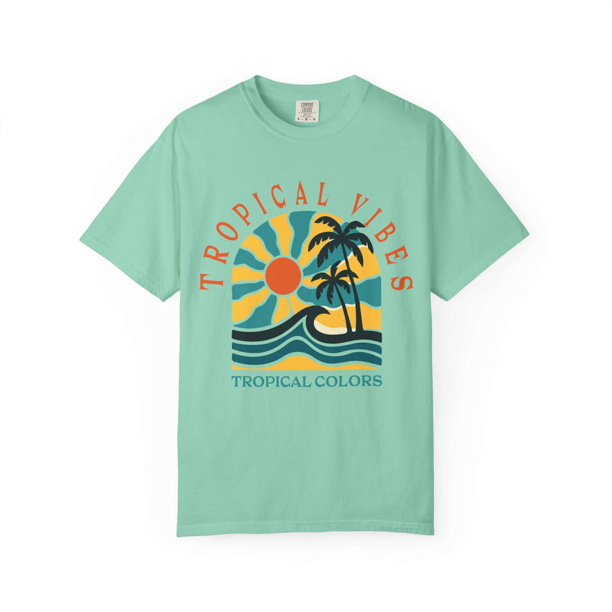 A mint green short-sleeve t-shirt with a retro tropical graphic on the chest. The graphic features a yellow and blue sun, two black palm trees, and blue waves, with the text 'TROPICAL VIBES' arched above and 'TROPICAL COLORS' printed below. Tropical Vibes Summer Graphic Print T-Shirt Shop Tropical Vibes Summer Beach Graphic T-Shirt Casual Wear for breezy comfort, bold island-inspired style, and effortless sunny-day looks.