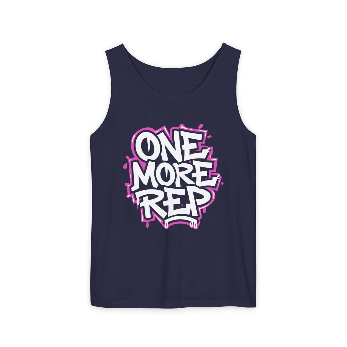 A navy blue sleeveless tank top with a colorful graphic on the chest that reads 'ONE MORE REP' in white and pink graffiti-style lettering, shown against a plain white background. Best Fitness Motivational Graffiti Typography Tank Top Casual Wear Shop the Fitness Motivational Graffiti Typography Tank Top for bold workout style, breathable comfort, and everyday gym inspiration.