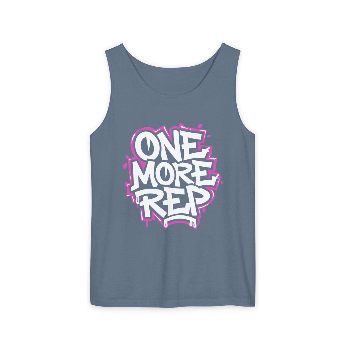 A slate blue tank top featuring a bold graphic on the chest that reads 'ONE MORE REP' in white bubble letters with a pink graffiti-style outline, displayed against a solid white background. Best Fitness Motivational Graffiti Typography Tank Top Casual Wear Shop the Fitness Motivational Graffiti Typography Tank Top for bold workout style, breathable comfort, and everyday gym inspiration.