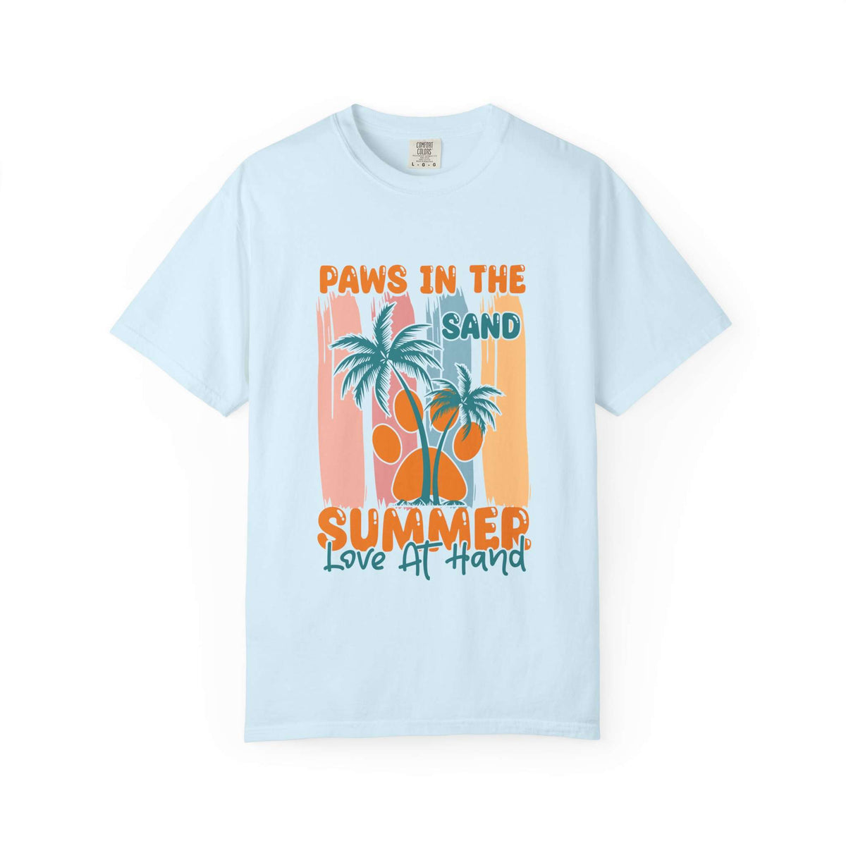 A light blue short-sleeve t-shirt with a retro-style graphic on the front featuring palm trees, a paw print, and orange text that reads 'PAWS IN THE SAND SUMMER Love IT HAND'. Buy Paws in the Sand: A Summer Love Graphic T-Shirt Casual Wear for Sale Online Shop Paws in the Sand: A Summer Love Graphic T-Shirt Casual Wear for a relaxed, beach-ready look celebrating comfort and style.