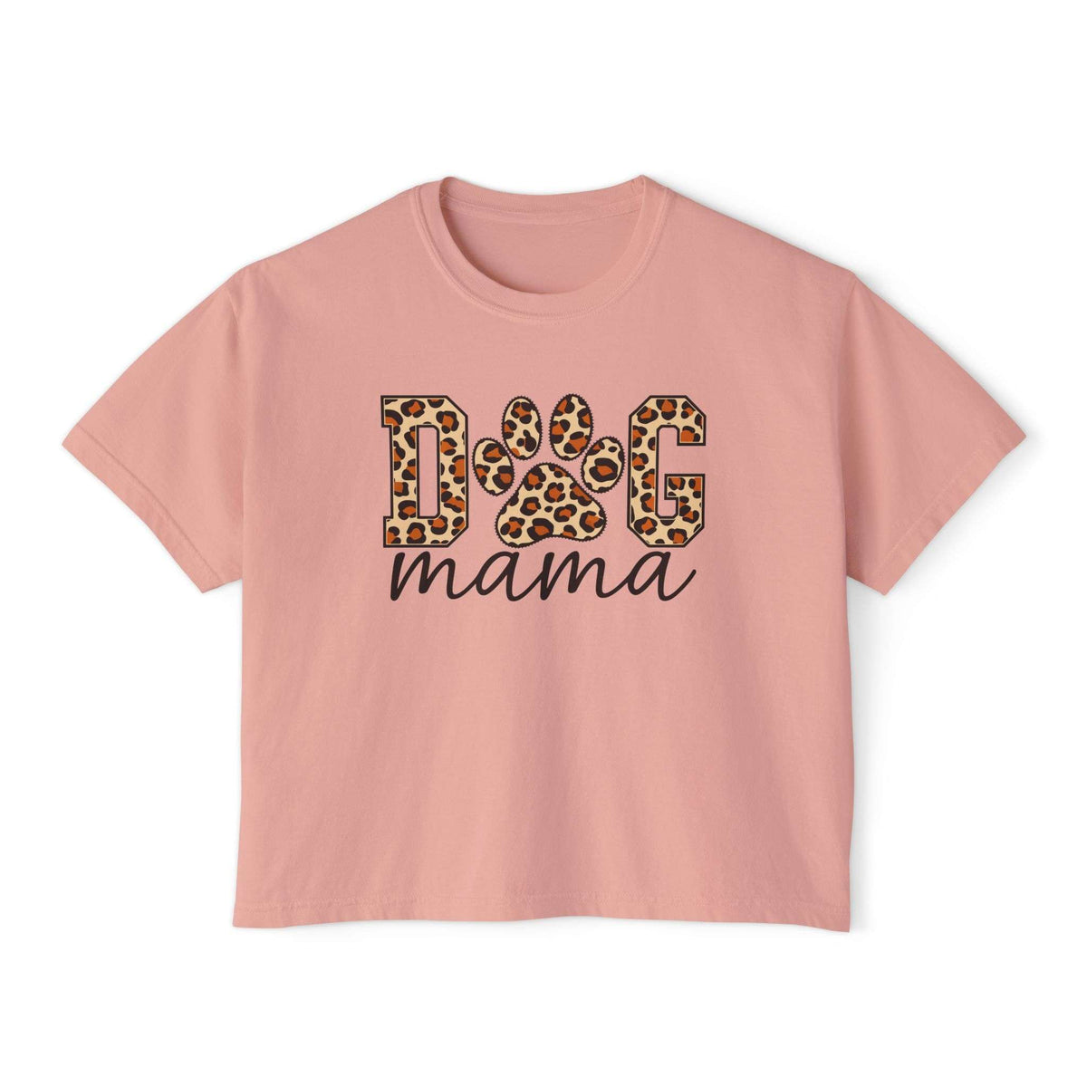 A pink short-sleeve crewneck t-shirt featuring a graphic on the front that reads 'DOG mama'. The letters 'D' and 'G' are filled with a leopard print pattern, and 'mama' is written in black cursive. Dog Mama Leopard Paw Print Women's Boxy T-Shirt Casual Wear Add playful pet-parent style to your wardrobe with the Dog Mama Leopard Paw Print Women's Boxy T-Shirt Casual Wear and its eye-catching design. Celebrate your favorite furry friend with the Dog Mama Leopard Paw Print Women's Boxy T-Shirt for Sale