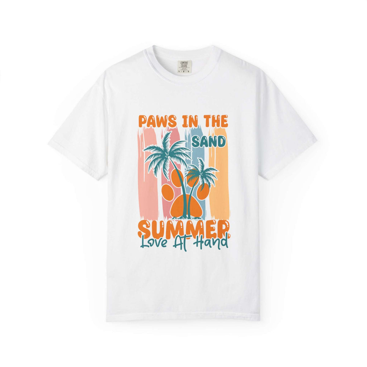 A white short-sleeve crewneck t-shirt featuring a retro-style summer graphic with palm trees, a paw print, and the text 'PAWS IN THE SAND SUMMER Love IT HAND' in orange and teal. Buy Paws in the Sand: A Summer Love Graphic T-Shirt Casual Wear for Sale Online Shop Paws in the Sand: A Summer Love Graphic T-Shirt Casual Wear for a relaxed, beach-ready look celebrating comfort and style.