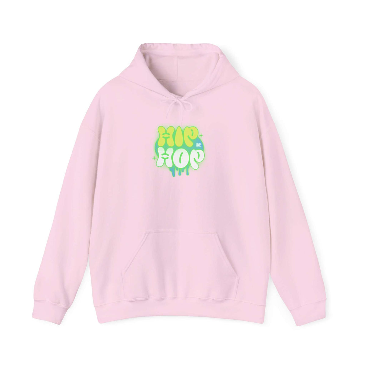 A light pink pullover hoodie with a colorful 'HIP HOP' graphic on the chest in lime green and white, displayed against a solid white background. Artistic Bold Graffiti Hip Hop Hoodie for Urban Fashion Lovers