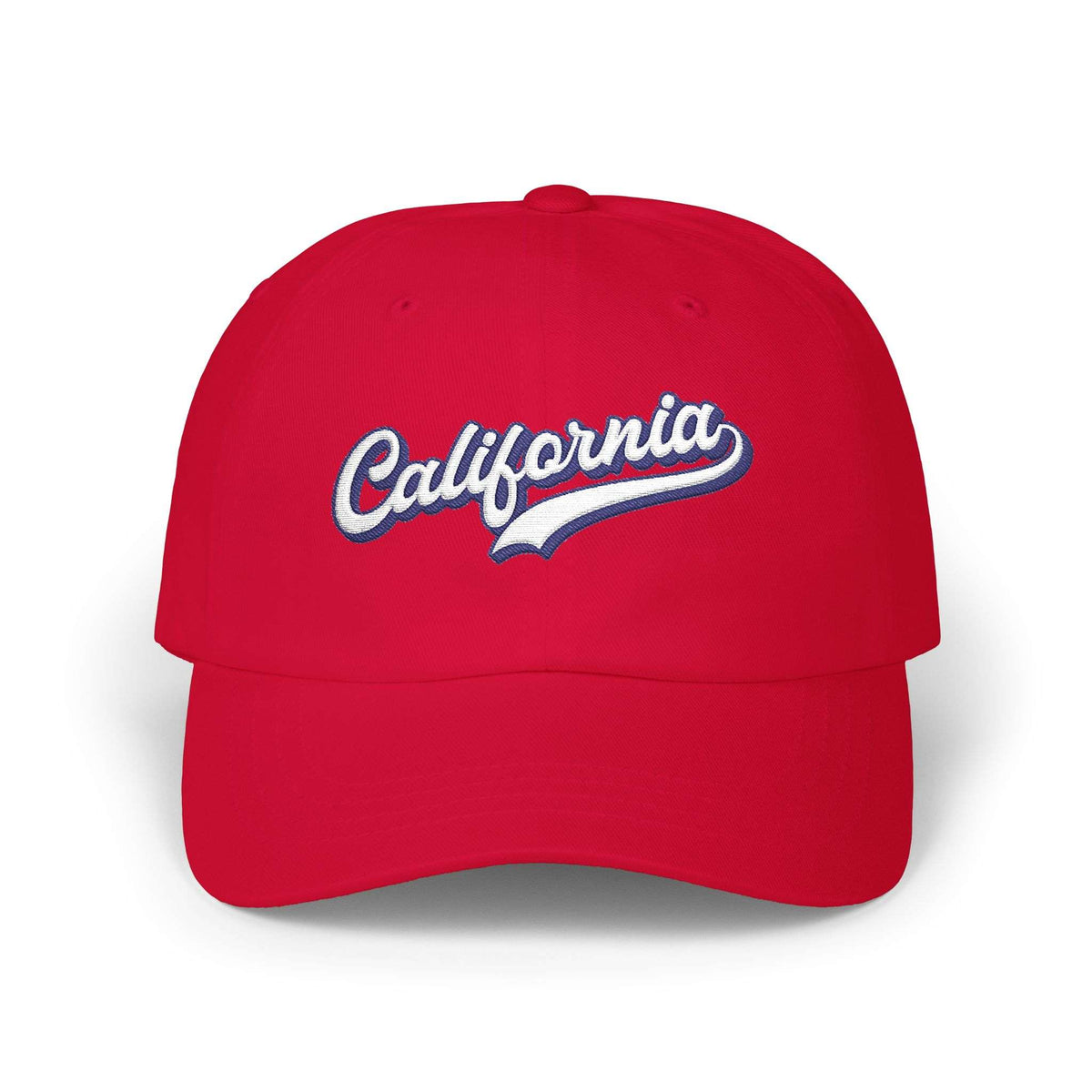 A red baseball cap featuring 'California' embroidered in white script with a blue shadow effect on the front panel, set against a plain white background. Artistic California Typography Embroidered Classic Dad Cap