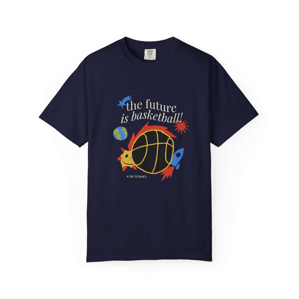 A black short-sleeve crewneck t-shirt featuring a colorful graphic on the front with the text 'the future is basketball!' and an illustration of a basketball, rocket ship, bird, and planet. Basketball and Space Design T-Shirt for Laid-Back Looks