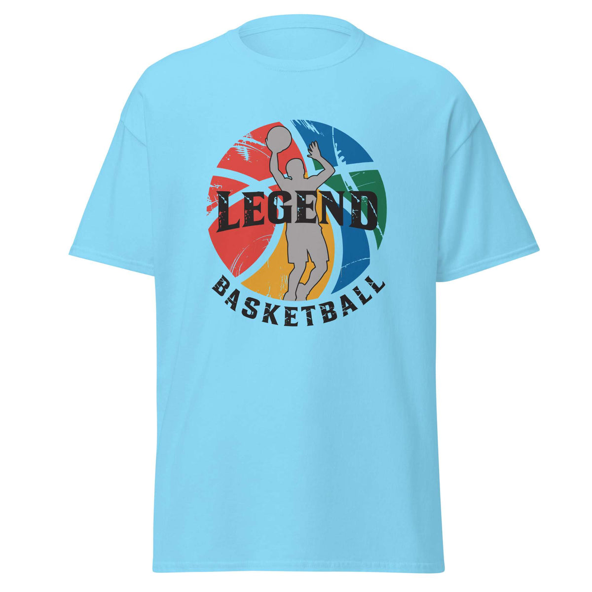 A light blue short-sleeve t-shirt with a colorful graphic on the chest featuring a basketball player silhouette, a distressed basketball, and the text 'LEGEND BASKETBALL'. Best Comfortable Legend Basketball Graphic T-Shirt Casual Outfits