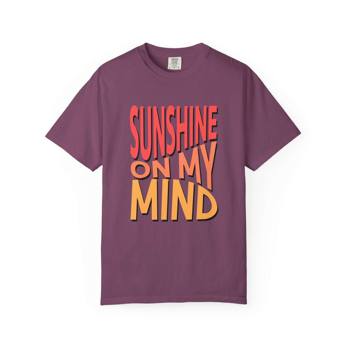 A dark green short-sleeve t-shirt with a retro-style graphic text print reading 'SUNSHINE ON MY MIND' in coral pink and orange-yellow lettering, displayed on a clean white background. Best Sunshine On My Mind Summer Vibes Graphic T-Shirt for Casual Wear