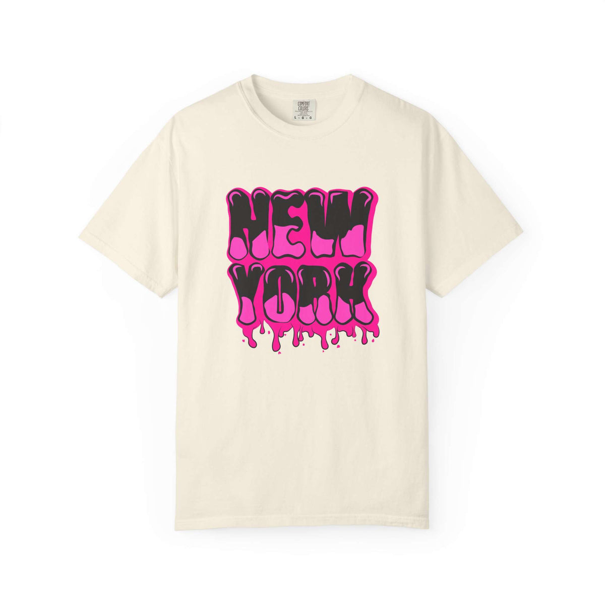 An off-white short-sleeve t-shirt with a vibrant pink and black dripping 'NEW YORK' graphic printed on the chest, displayed against a clean white background. Bold Graffiti Lettering New York Typography T-Shirt Casual Wear