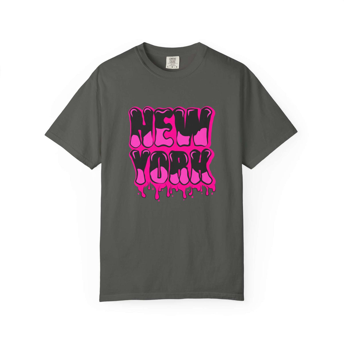 A dark gray crewneck t-shirt featuring a vibrant pink and black dripping 'NEW YORK' graphic on the front, displayed against a clean white background. Bold Graffiti Lettering New York Typography T-Shirt for Casual Wear