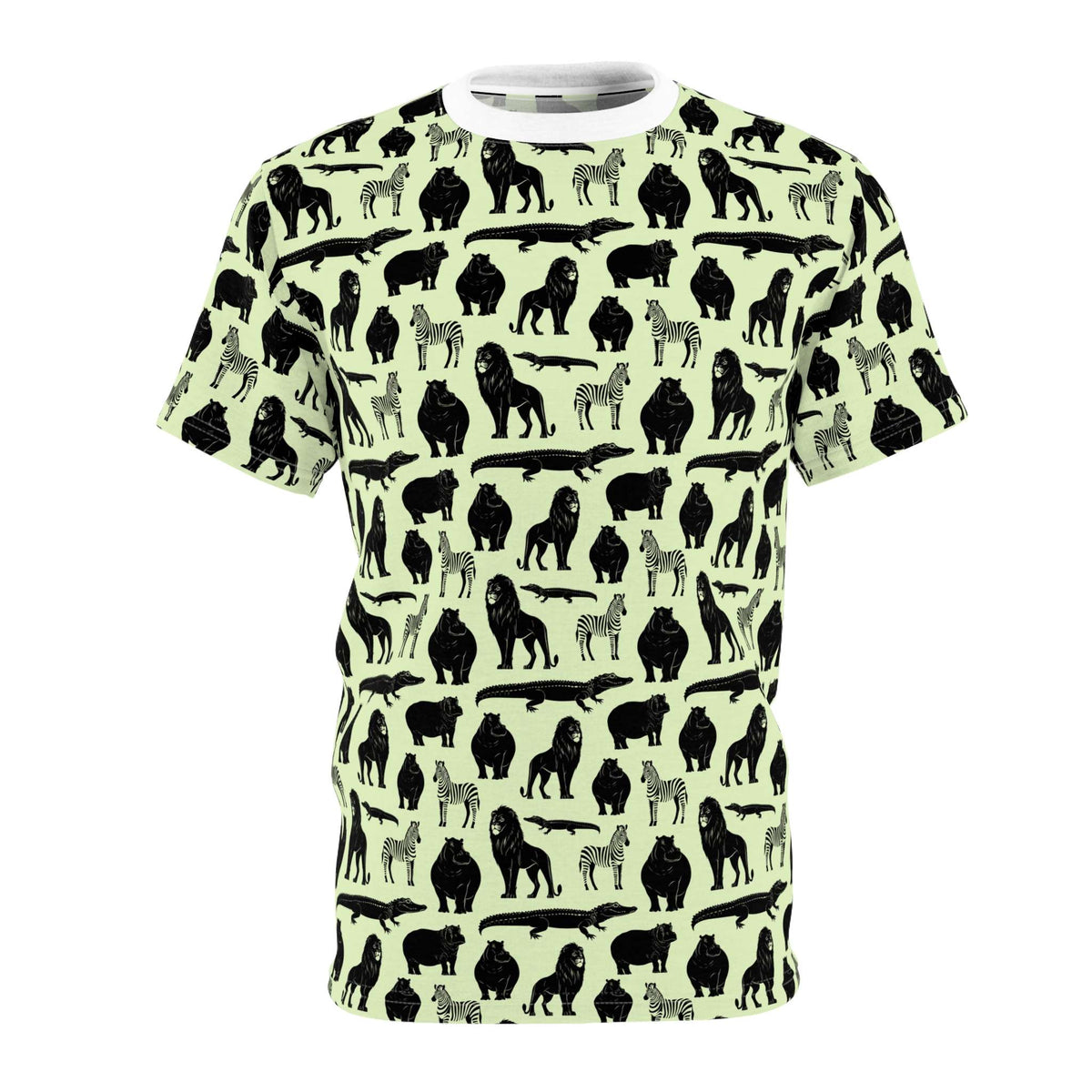 A short-sleeve crewneck t-shirt featuring an all-over repeating pattern of black animal silhouettes, including lions, zebras, giraffes, and crocodiles, on a pale mint green background. Bold Jungle Safari Animal Pattern T-Shirt for Casual Wear