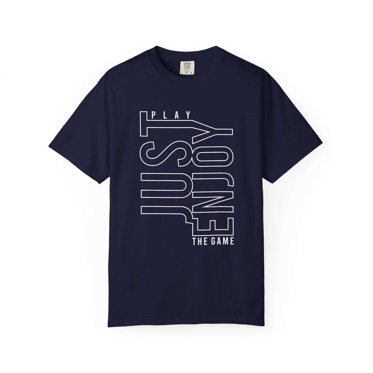 A navy blue short-sleeve t-shirt with a white graphic text print reading 'PLAY ASURE' and 'THE GAME' on the front, displayed against a plain white background. Bold Just Enjoy The Game Typography Lettering T-Shirt Casual Wear
