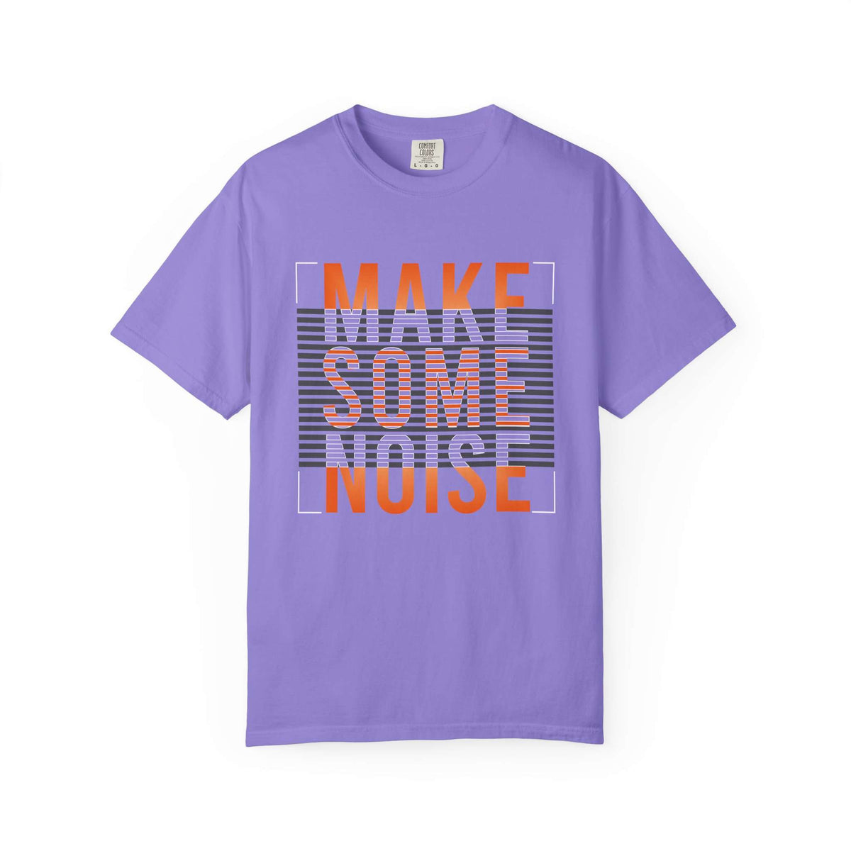 A purple short-sleeve crewneck t-shirt featuring a retro-style graphic on the chest that reads 'MAKE SOME NOISE' in orange and white text over a gray striped background. Bold Make Some Noise Slogan Typography Graphic T-Shirt Casual Wear