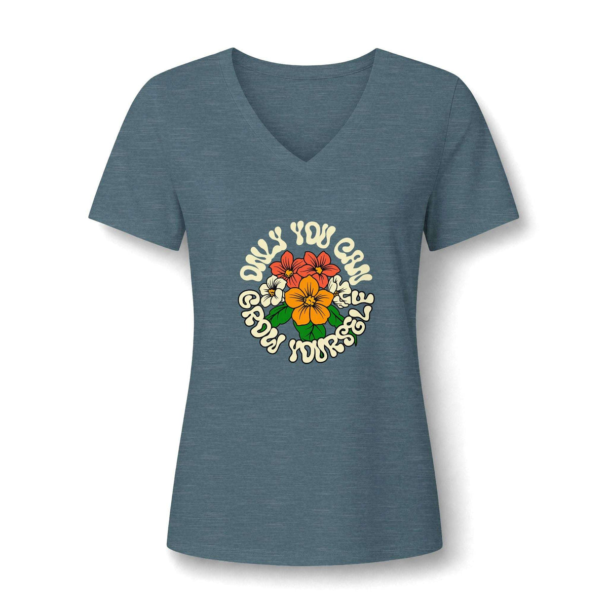 A heather blue V-neck t-shirt with a retro-style circular graphic on the chest featuring plumeria flowers and the text 'ONLY YOU CAN SHOW YOURSELF'.