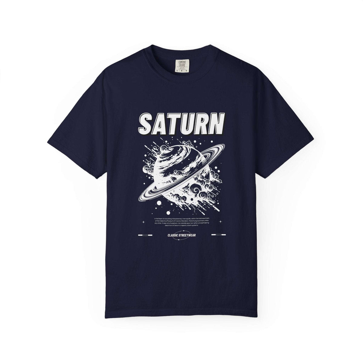 A navy blue short-sleeve t-shirt with a white graphic print of Saturn and the word 'SATURN' on the chest, displayed flat against a white background.