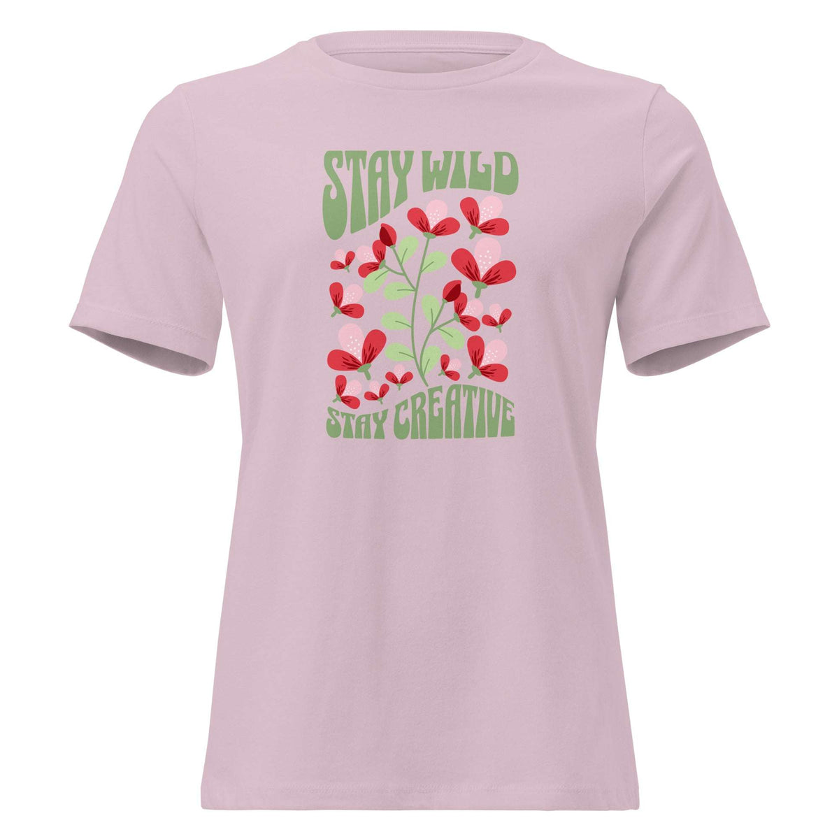 A light pink short-sleeve crewneck t-shirt featuring a retro-style graphic on the front with red flowers and green text reading 'STAY WILD' and 'STAY CREATIVE'. Bold Stay Wild Stay Creative Women's Relaxed T-Shirt Casual Wear