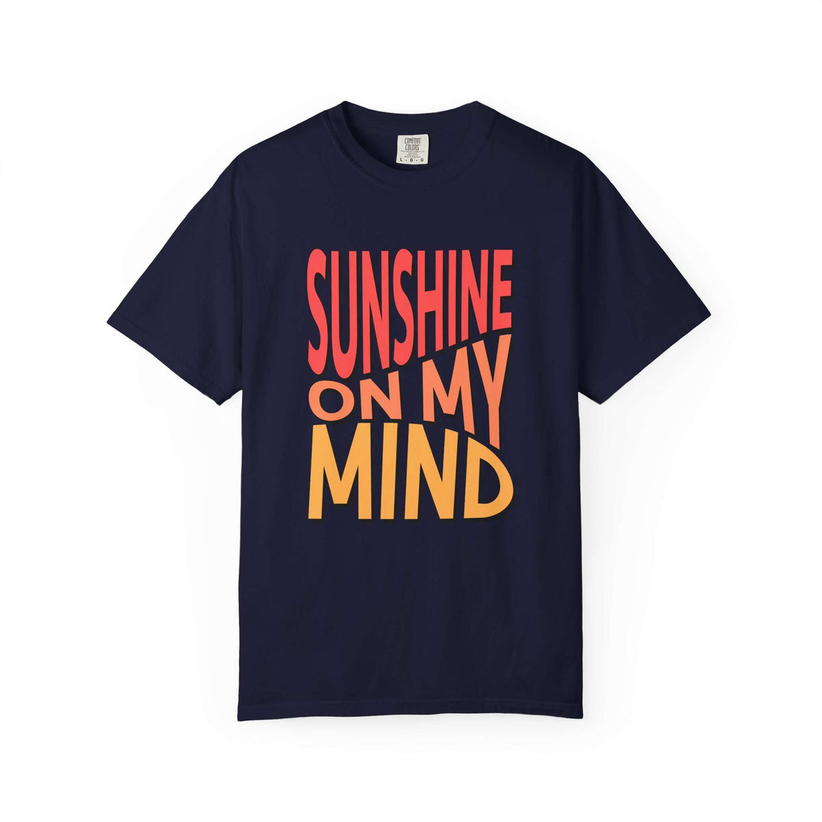 A navy blue short-sleeve t-shirt with a graphic text print reading 'SUNSHINE ON MY MIND' in coral red and yellow-orange lettering, displayed on a clean white background. Bold Sunshine On My Mind Summer Vibes Graphic T-Shirt for Casual Wear